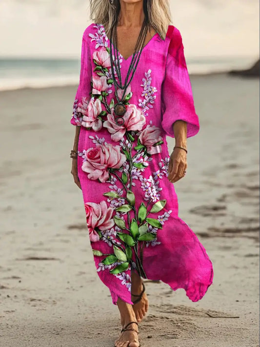 Vintage V-neck Bohemian Floral Print Elegant Chic Loose Midi Dress A / S