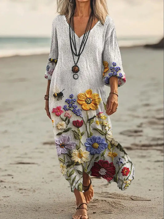 Vintage V-neck Bohemian Floral Print Elegant Chic Loose Midi Dress A / S