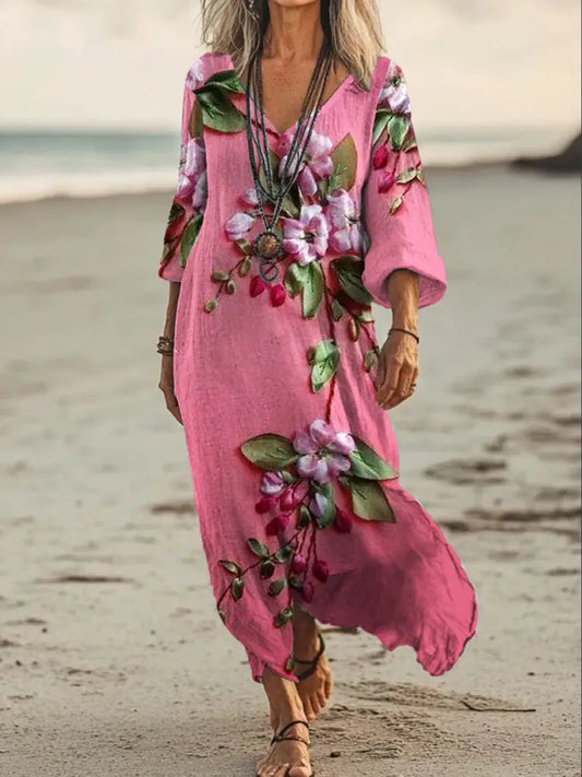 Vintage V-neck Bohemian Floral Print Elegant Chic Loose Midi Dress A / S