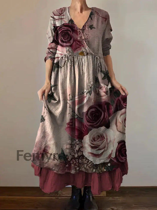 Vintage V-neck Bohemian Floral Print Elegant Chic Loose Midi Dress A / S
