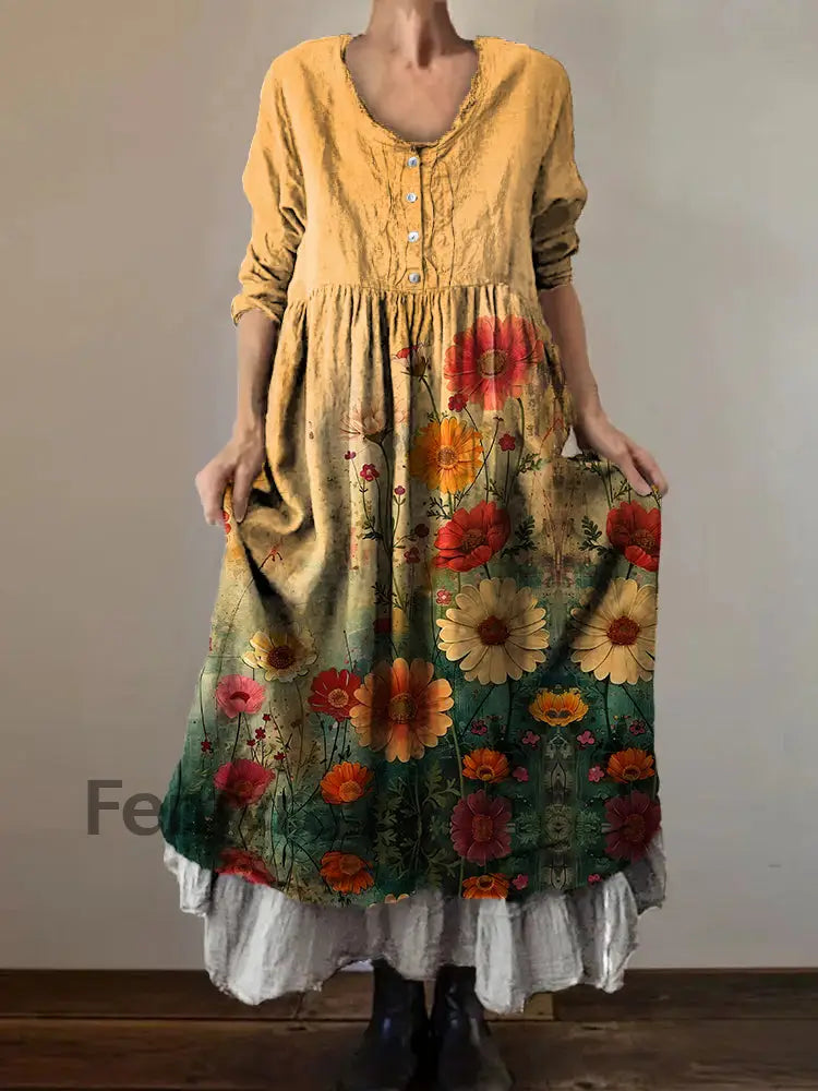 Vintage V-neck Bohemian Floral Print Elegant Chic Loose Midi Dress A / S