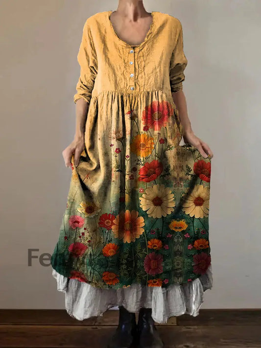 Vintage V-neck Bohemian Floral Print Elegant Chic Loose Midi Dress A / S