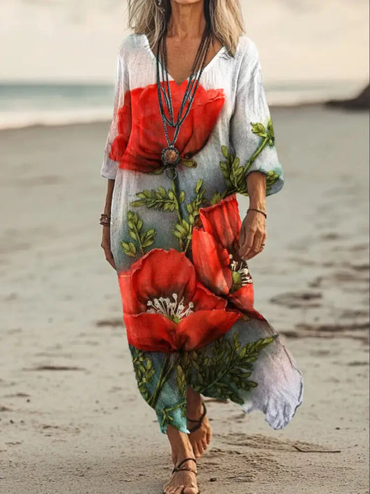 Vintage V-neck Bohemian Floral Print Elegant Chic Loose Midi Dress A / S