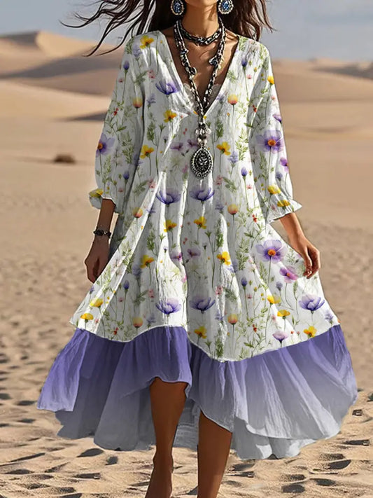 Vintage V-neck Bohemian Floral Print Elegant Chic Loose Midi Dress A / S