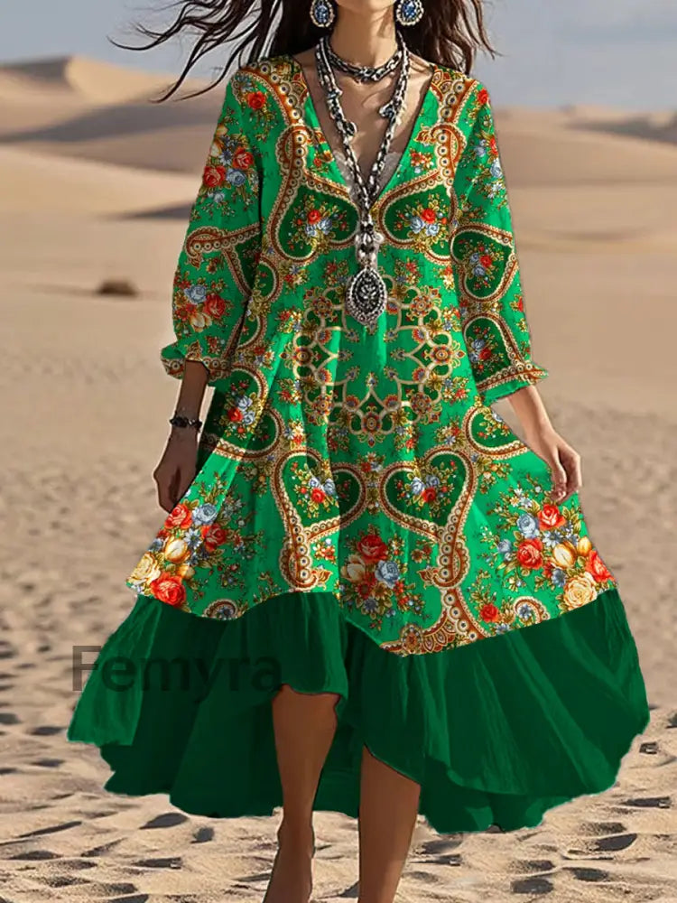 Vintage V-neck Bohemian Floral Print Elegant Chic Loose Midi Dress A / S