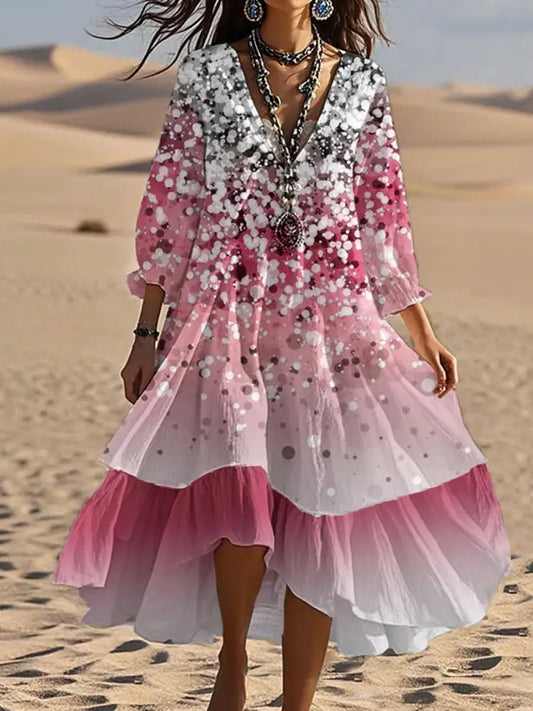 Vintage V-neck Bohemian Floral Print Elegant Chic Loose Midi Dress A / S