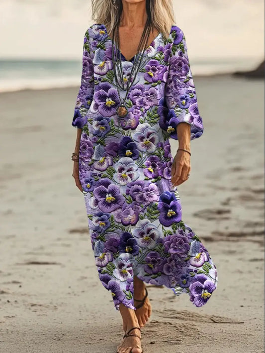 Vintage V-neck Bohemian Floral Print Elegant Chic Loose Midi Dress A / S