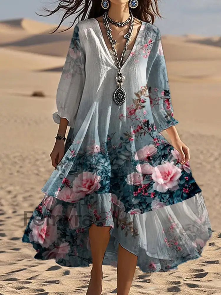 Vintage V-neck Bohemian Floral Print Elegant Chic Loose Midi Dress A / S
