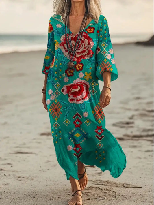 Vintage V-neck Bohemian Floral Print Elegant Chic Loose Midi Dress A / S