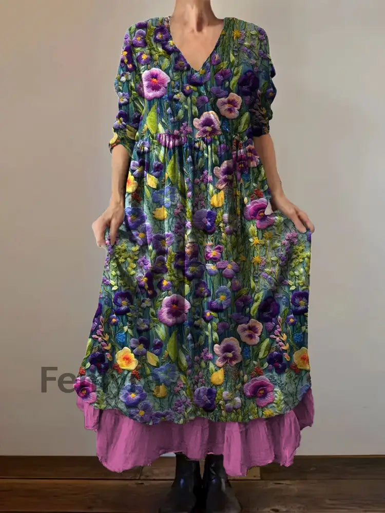 Vintage V-Neck Floral Print Elegant and Chic Loose Midi Dress A / S