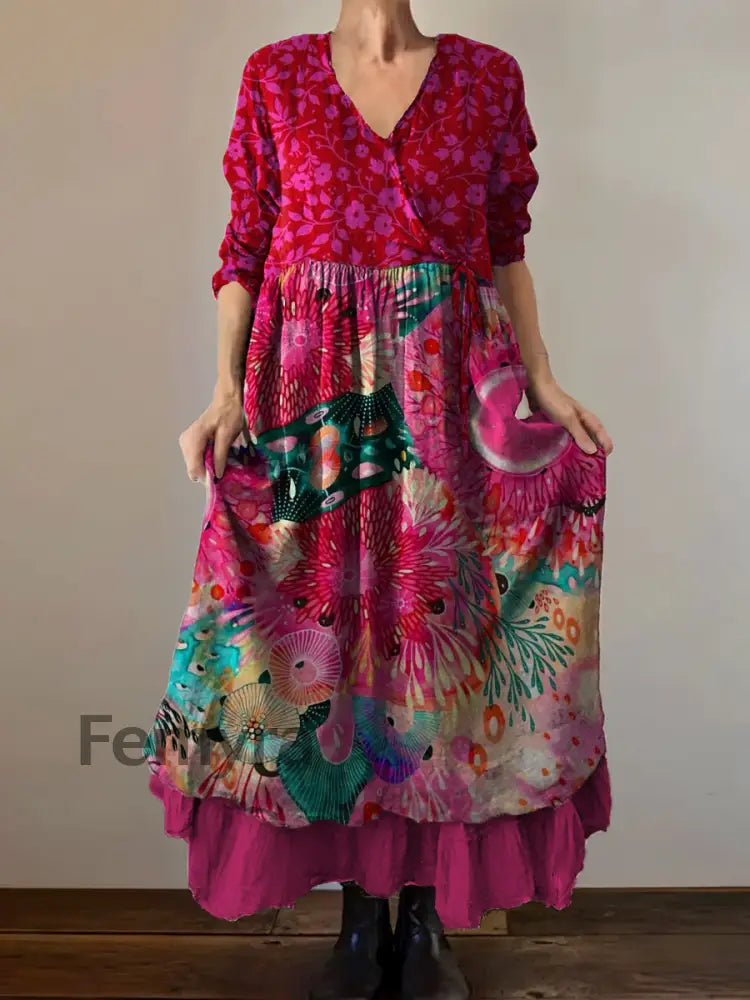 Vintage V-Neck Floral Print Elegant and Chic Loose Midi Dress A / S