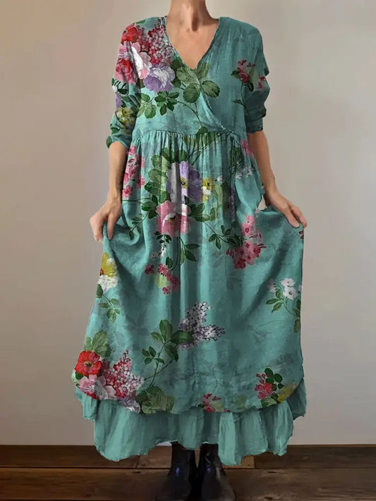 Vintage V-Neck Floral Print Elegant and Chic Loose Midi Dress A / S
