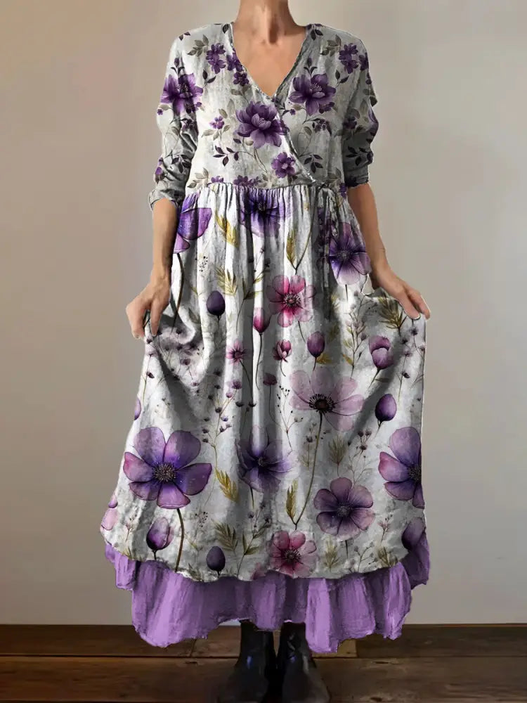Vintage V-Neck Floral Print Elegant and Chic Loose Midi Dress A / S