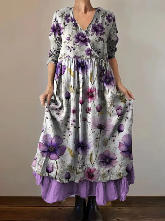 Vintage V-Neck Floral Print Elegant and Chic Loose Midi Dress A / S