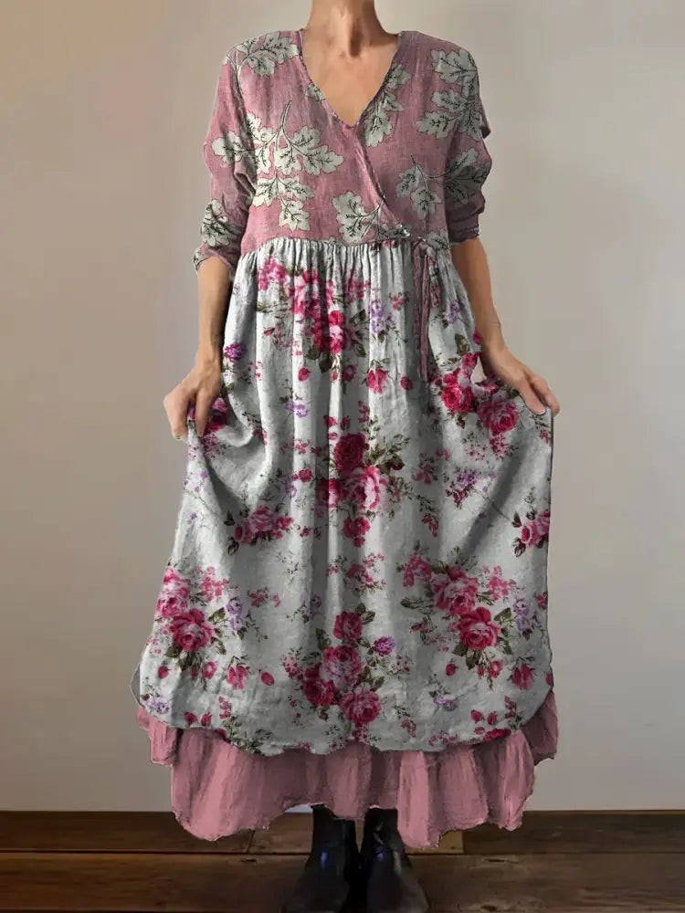 Vintage V-Neck Floral Print Elegant and Chic Loose Midi Dress A / S