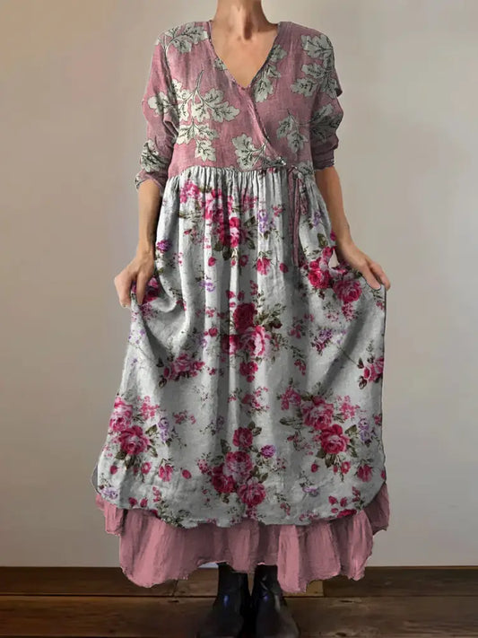 Vintage V-Neck Floral Print Elegant and Chic Loose Midi Dress A / S