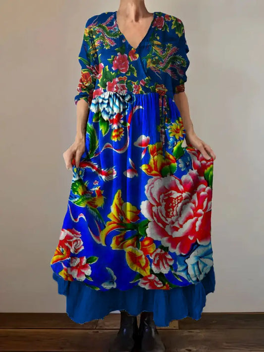 Vintage V-Neck Floral Print Elegant and Chic Loose Midi Dress A / S