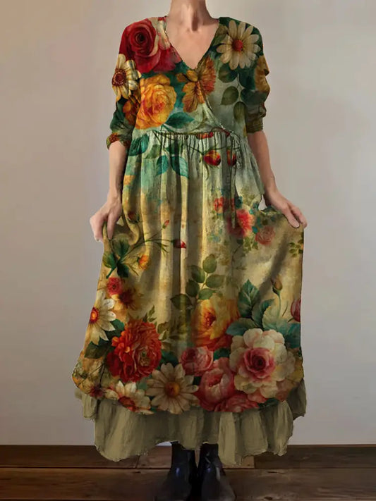 Vintage V-Neck Floral Print Elegant and Chic Loose Midi Dress A / S