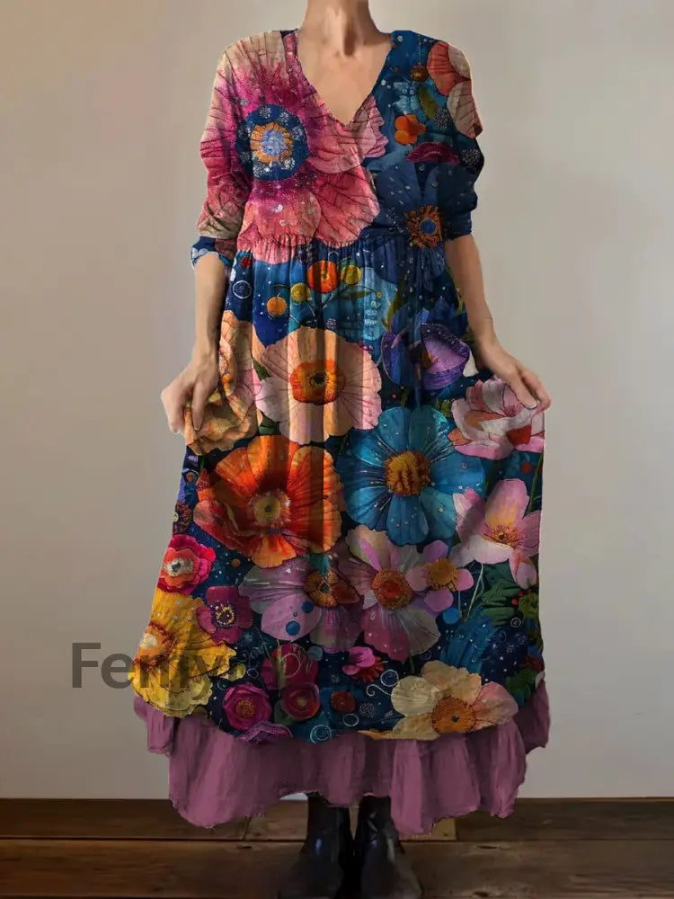 Vintage V-Neck Floral Print Elegant and Chic Loose Midi Dress A / S