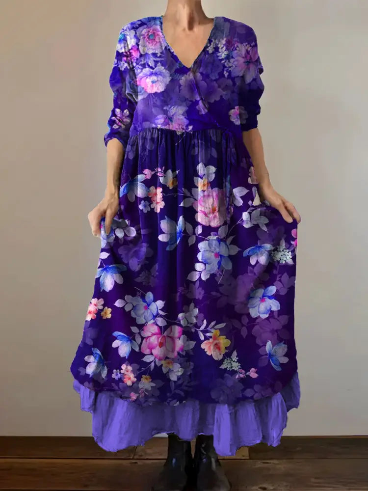 Vintage V-Neck Floral Print Elegant and Chic Loose Midi Dress A / S