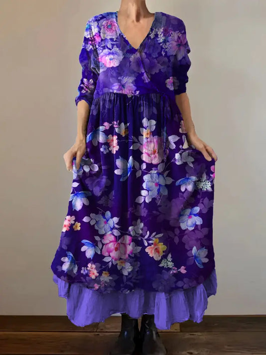 Vintage V-Neck Floral Print Elegant and Chic Loose Midi Dress A / S
