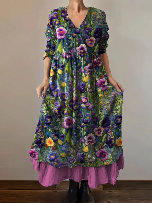 Vintage V-Neck Floral Print Elegant and Chic Loose Midi Dress A / S