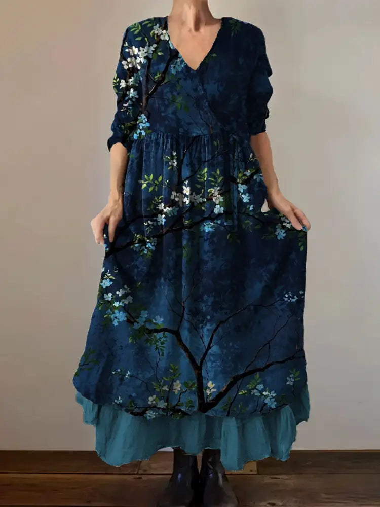 Vintage V-Neck Floral Print Elegant and Chic Loose Midi Dress A / S