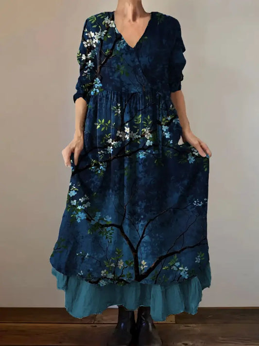 Vintage V-Neck Floral Print Elegant and Chic Loose Midi Dress A / S