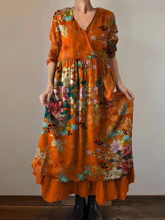 Vintage V-Neck Floral Print Elegant and Chic Loose Midi Dress A / S
