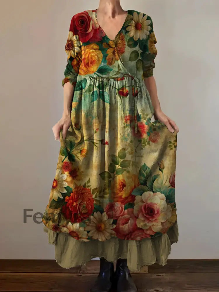 Vintage V-Neck Floral Print Elegant and Chic Loose Midi Dress A / S