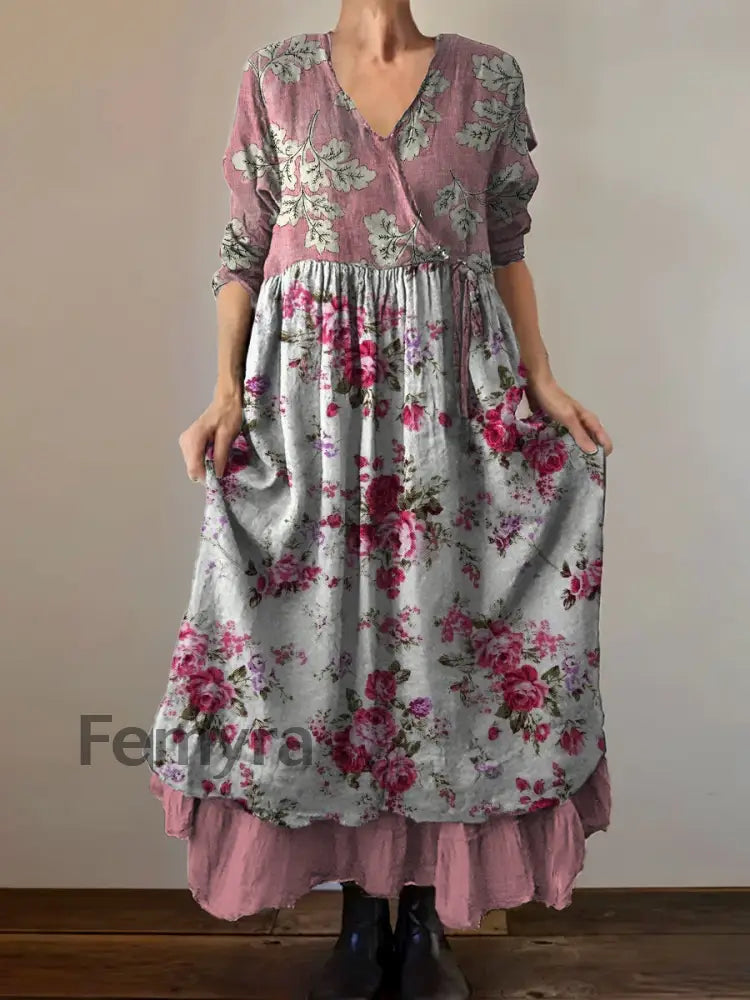 Vintage V-Neck Floral Print Elegant and Chic Loose Midi Dress A / S