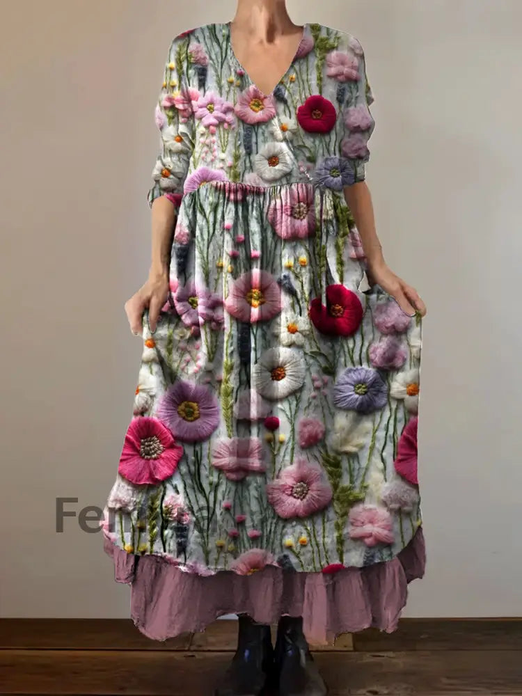 VintageV Neck Bohemian Floral Print Elegant Chic Loose Midi Dress A / S