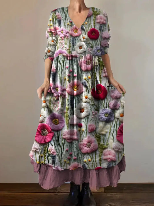 VintageV Neck Bohemian Floral Print Elegant Chic Loose Midi Dress A / S