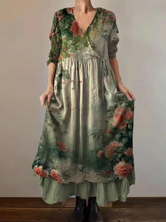VintageV Neck Bohemian Floral Print Elegant Chic Loose Midi Dress A / S