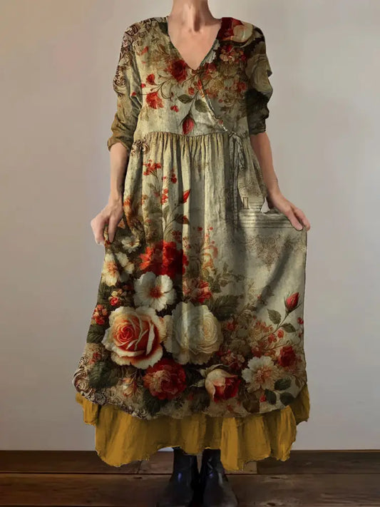 VintageV Neck Bohemian Floral Print Elegant Chic Loose Midi Dress A / S