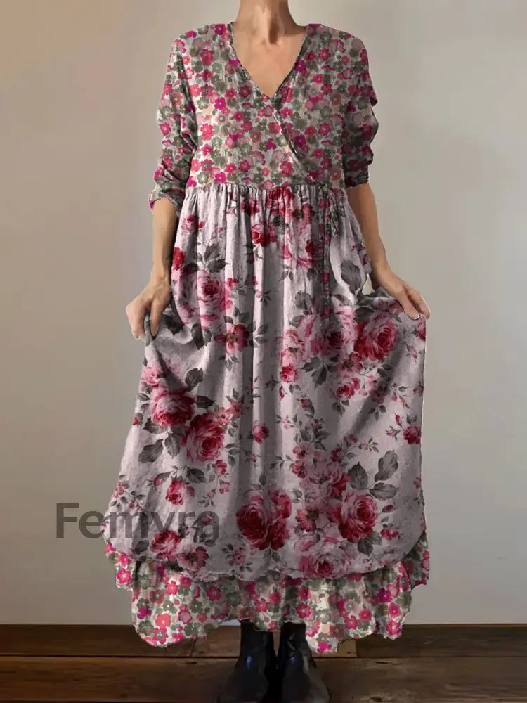 VintageV Neck Bohemian Floral Print Elegant Chic Loose Midi Dress A / S