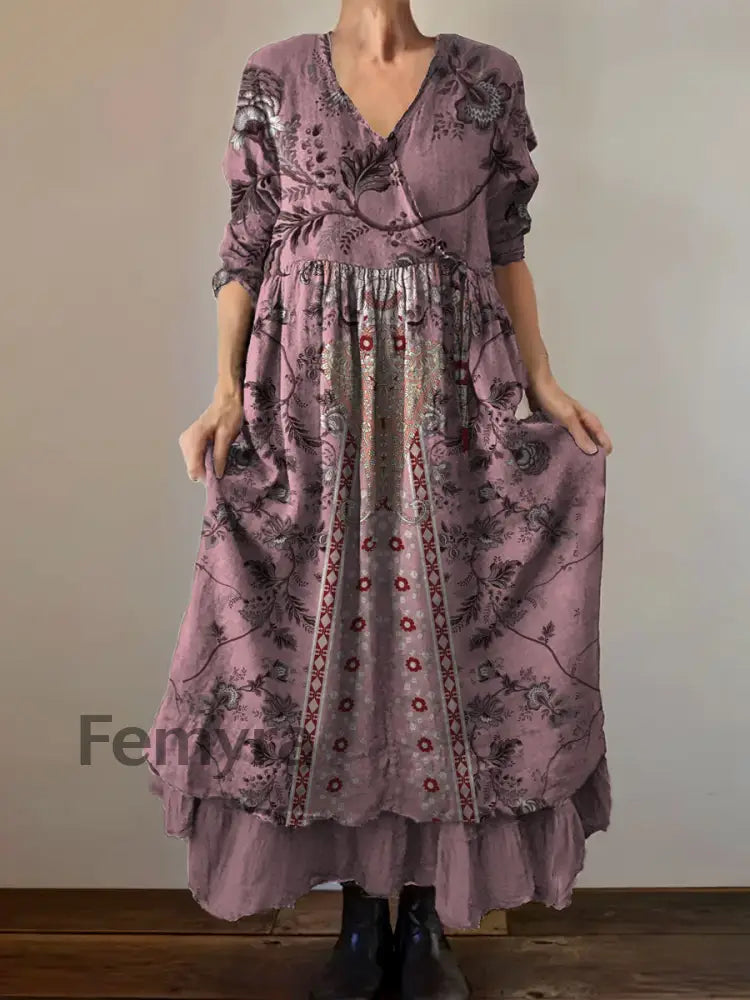 VintageV Neck Bohemian Floral Print Elegant Chic Loose Midi Dress A / S