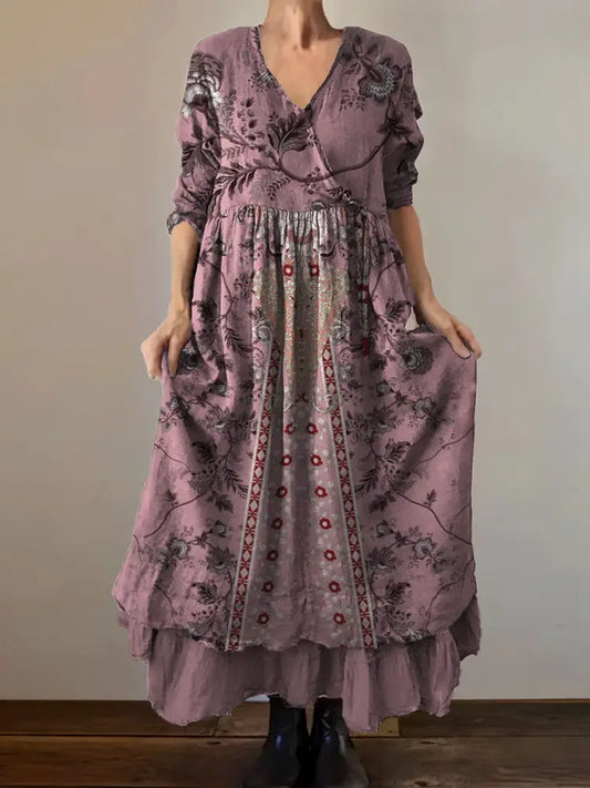 VintageV Neck Bohemian Floral Print Elegant Chic Loose Midi Dress A / S