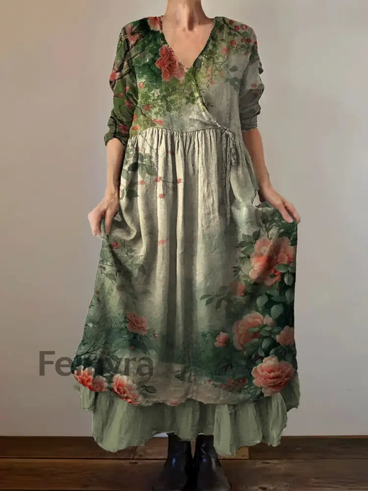 VintageV Neck Bohemian Floral Print Elegant Chic Loose Midi Dress A / S