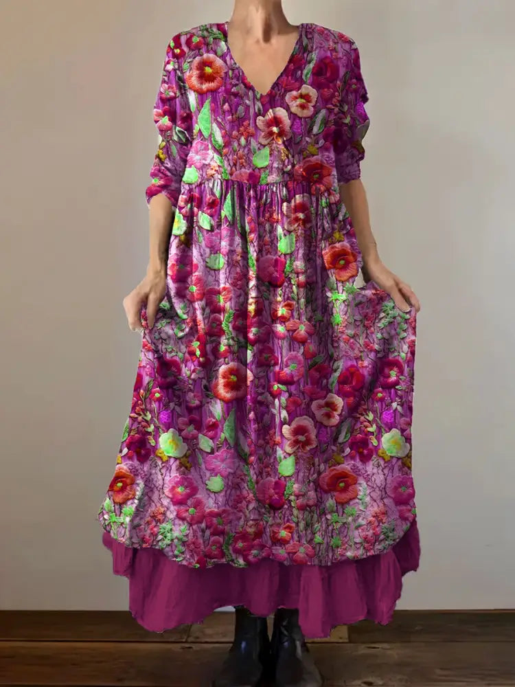 VintageV Neck Bohemian Floral Print Elegant Chic Loose Midi Dress C / S