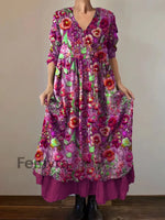 VintageV Neck Bohemian Floral Print Elegant Chic Loose Midi Dress C / S