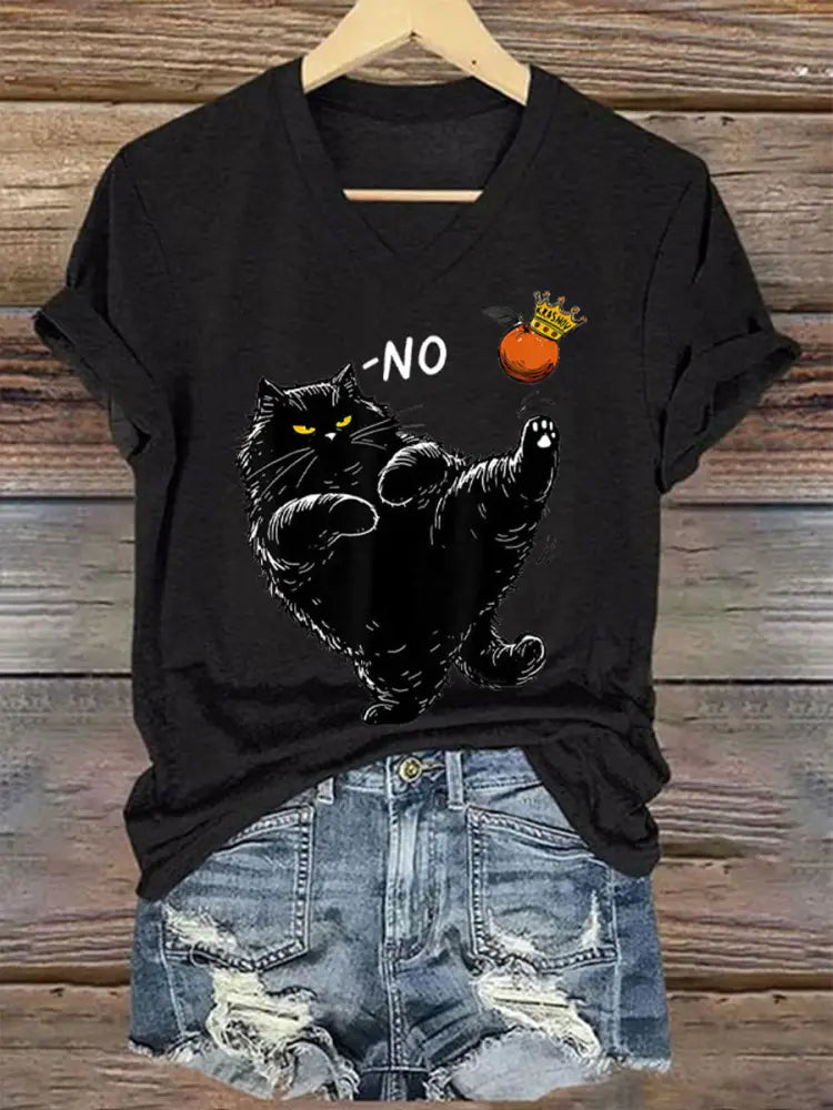Women’s 8647FDT Hands Off Resist Funny Cat Printed T-shirt Black / S