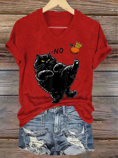 Women’s 8647FDT Hands Off Resist Funny Cat Printed T-shirt Red / S