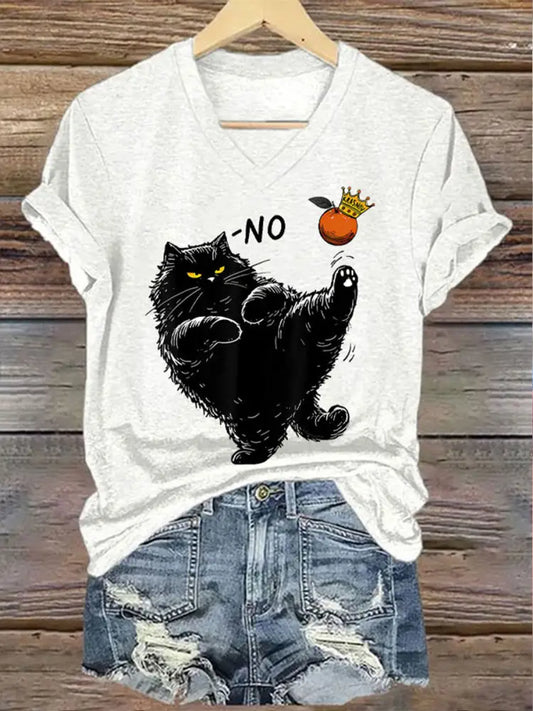Women’s 8647FDT Hands Off Resist Funny Cat Printed T-shirt White / S