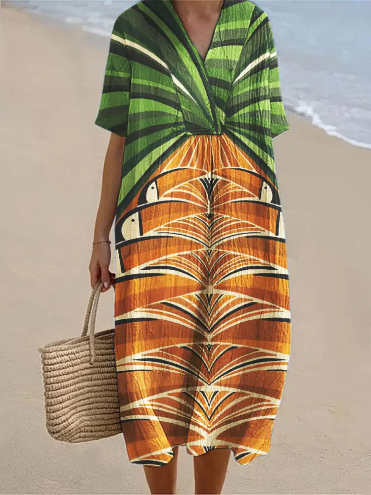Women’s Abstract Art Print Cotton Linen V-Neck Short Sleeve Dress Jacinth / S