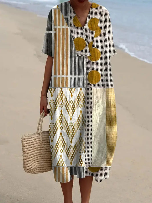 Women’s Abstract Geometric Pattern Art Print Flowy Cotton Dress Khaki / S