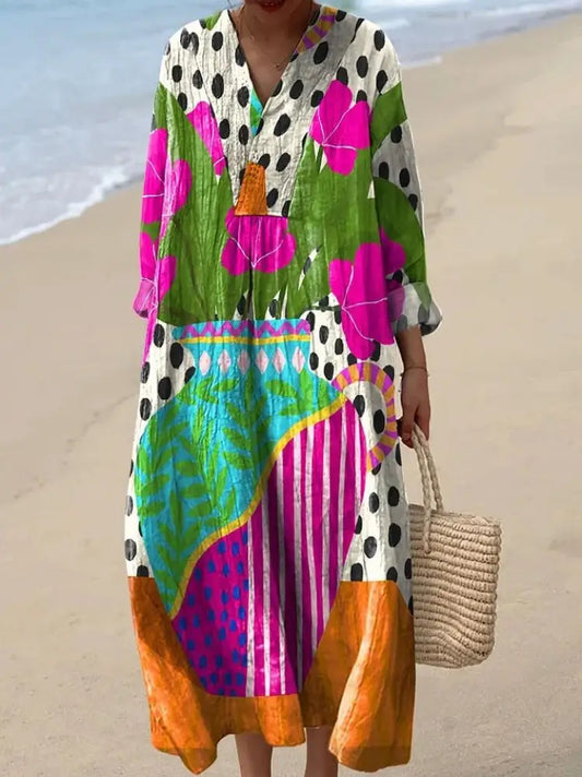 Women’s Abstract Polka Dot Cute Floral Art Print Dresses Colorful / S