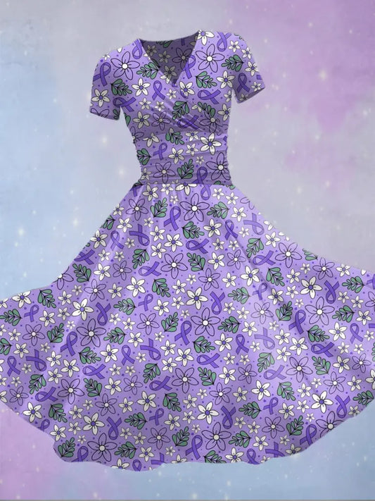 Women’s Alzheimer’s Awareness Floral Ribbon Print Dress Light Purple / S