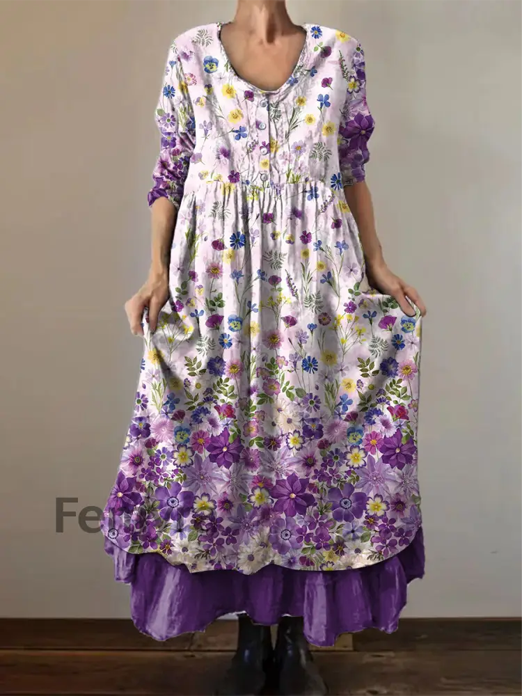 Women’s Alzheimer’s Awareness Purple Floral Pansy Printed Double-layered Long Skirt Purple / S
