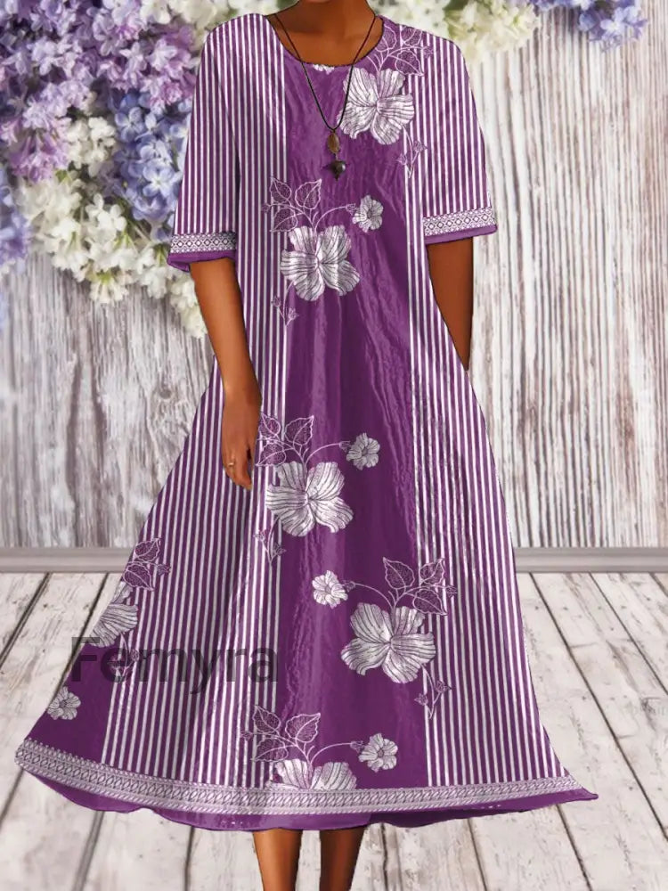 Women’s Alzheimer’s Awareness Purple Floral Pansy Printed Dress Purple / S